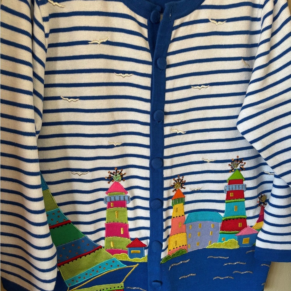 Striped Cardigan with Colorful Lighthouse Design Quacker Factory 1X